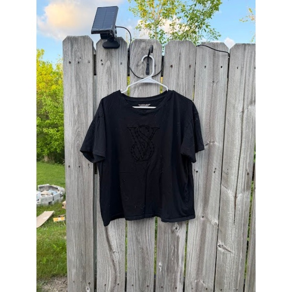 Victoria's Secret Womens Black Embroidered VS Logo Short Sleeve T-Shirt Large